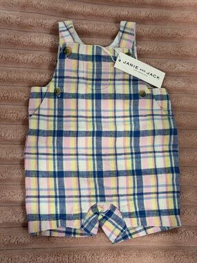 Janie and Jack Pastel Plaid Shortall in Yellow, Pink & Navy